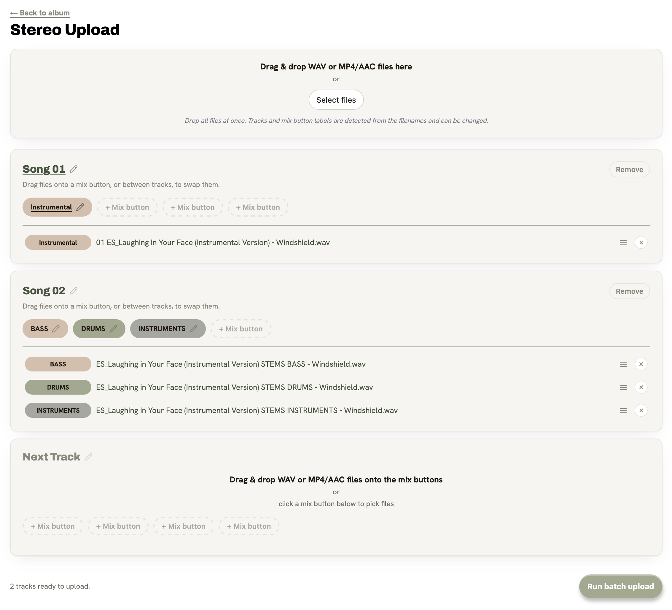 Stereo batch upload: one card per track, one mix button per file