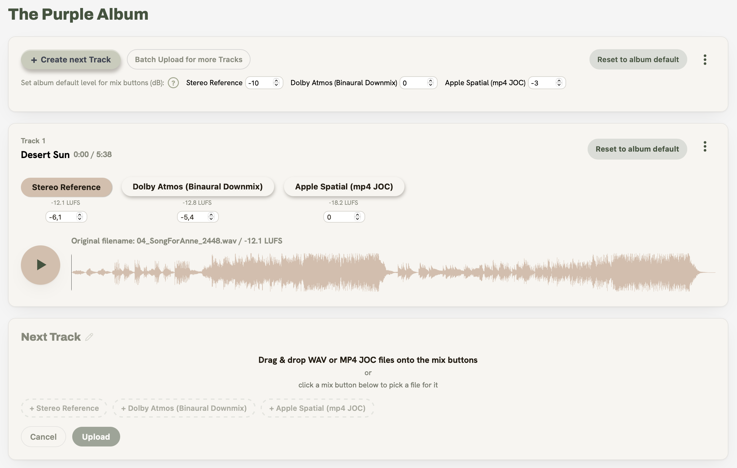 Single track upload in an Immersive album: one prelabeled mix button per format