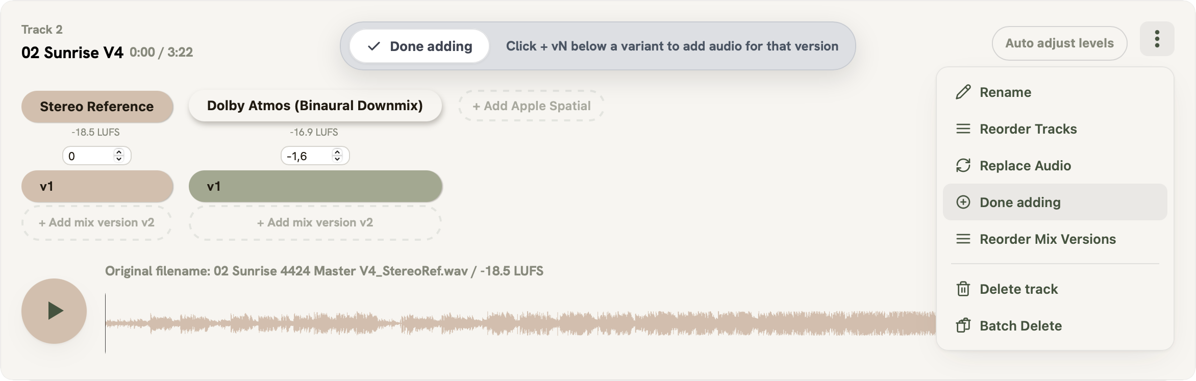 Add Audio: a + vN button below every mix button