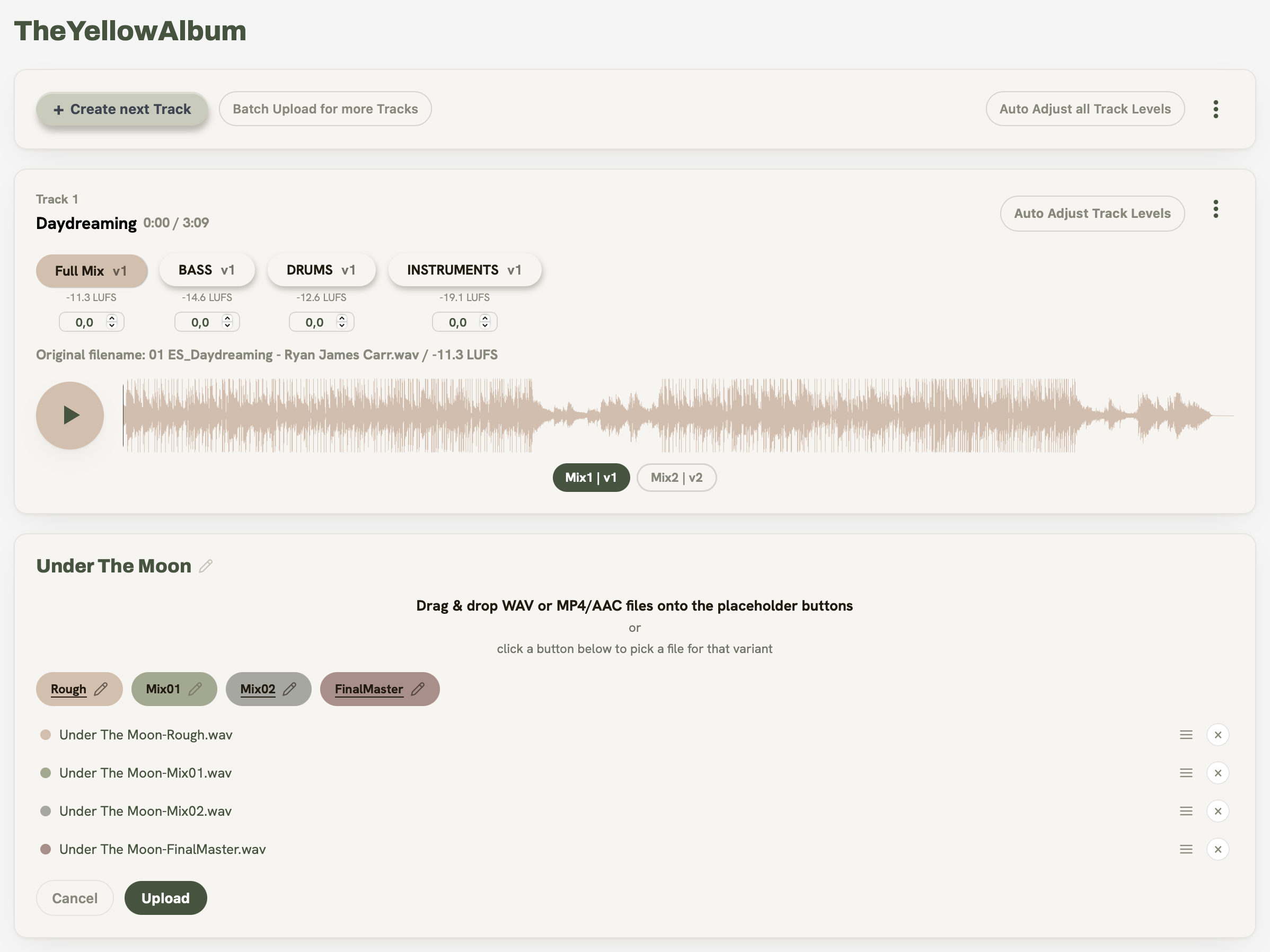 Single track upload: an empty track card with named mix buttons and the files below
