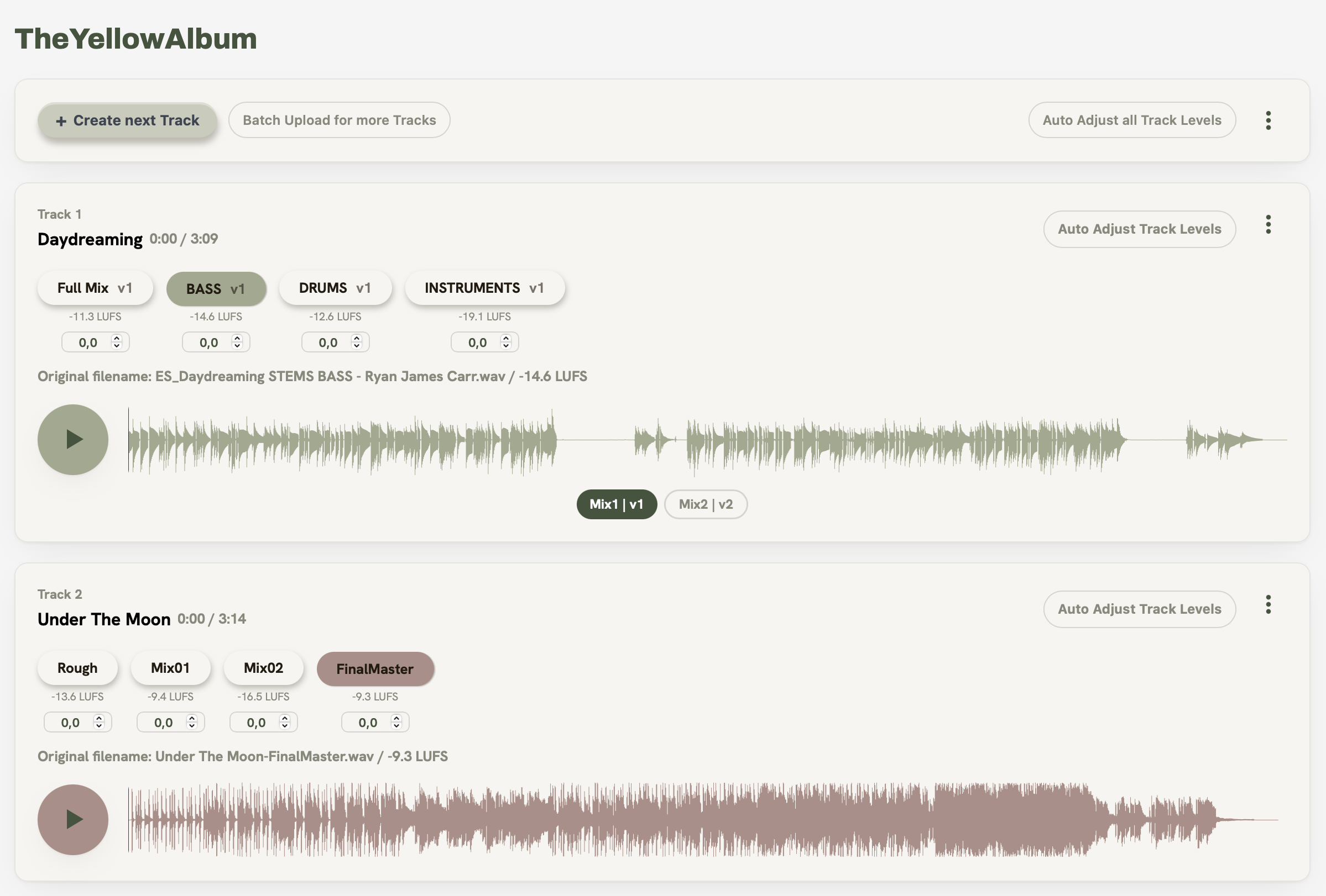 Stereo album: the mix buttons you named yourself, here stems and mix passes