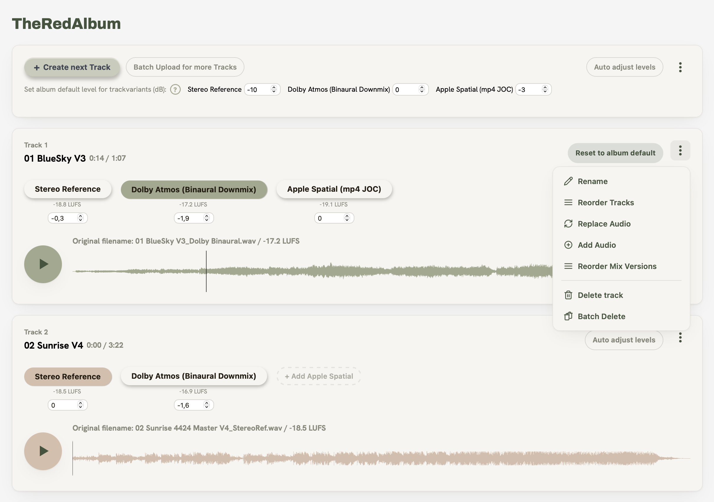 Immersive album: Stereo Reference, Dolby Atmos (Binaural Downmix) and Apple Spatial (mp4 JOC) per track