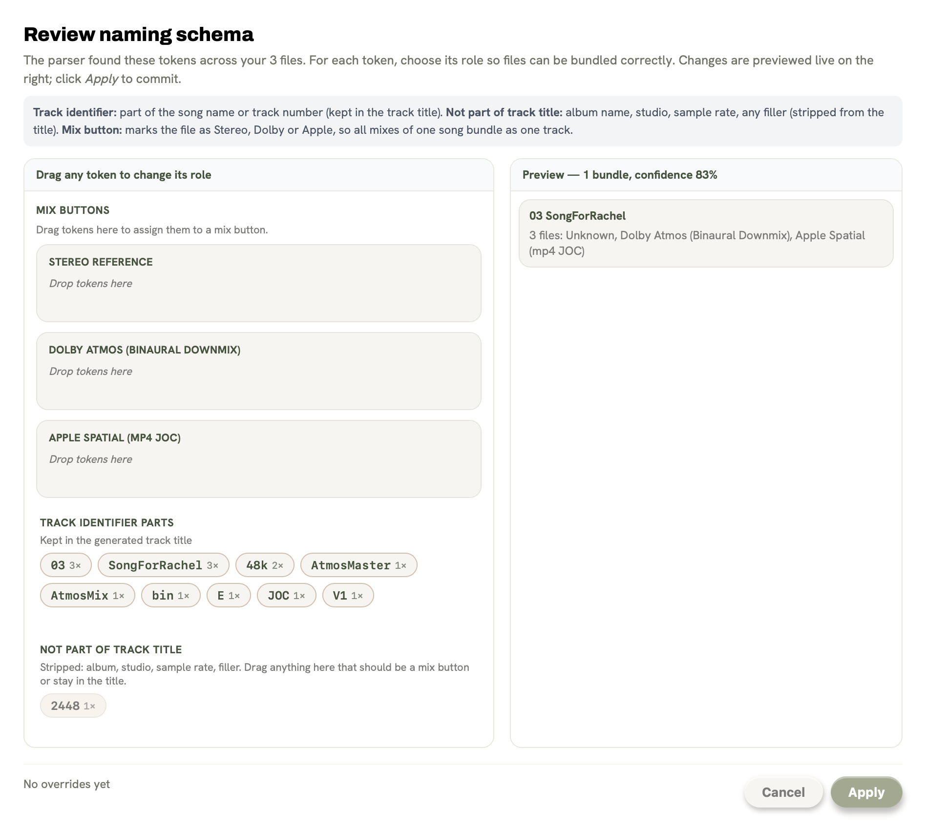 Review naming schema: every token gets a role, the preview shows the bundles
