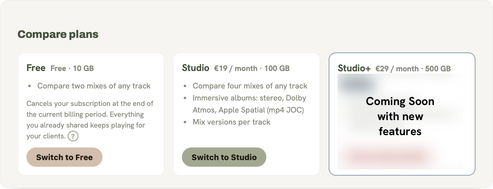 Compare plans: Free and Studio