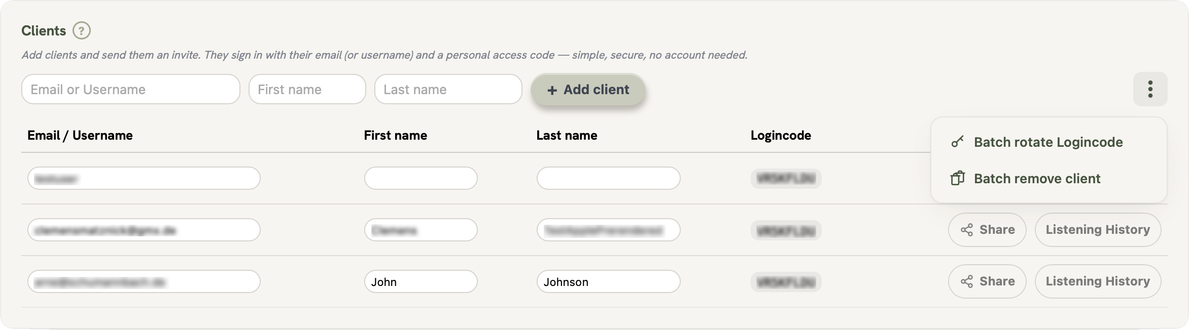 Clients list: Share and Listening History per client, batch actions in the menu
