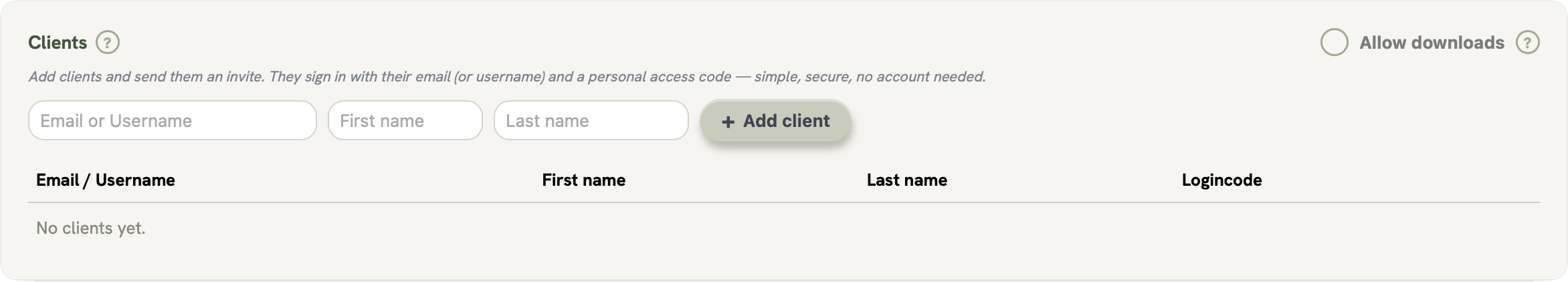 Clients section: empty state with username/email and name fields