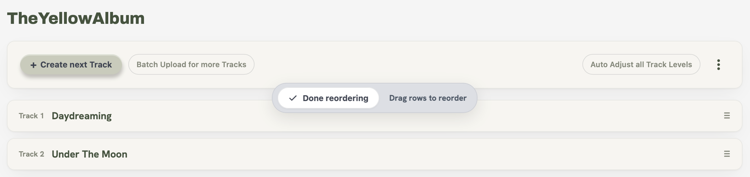 Reorder Tracks: drag rows by their handle, then click Done reordering